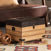 Baxton Studio JY20B056S-Dark Brown-Small Otto Edmund Rustic Transitional Dark Brown Faux Leather Upholstered and Oak Brown Finished Wood Storage Ottomane